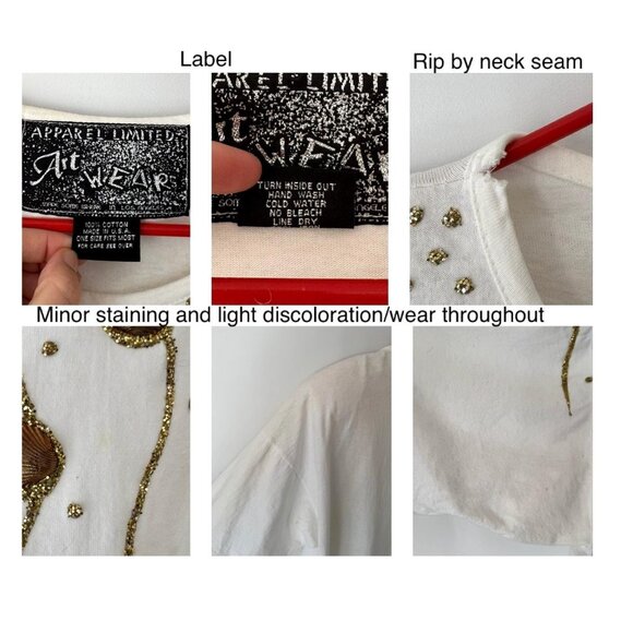 80s white embellished seashell gold funky retro beach vacation cotton tee shirt - Picture 9 of 9